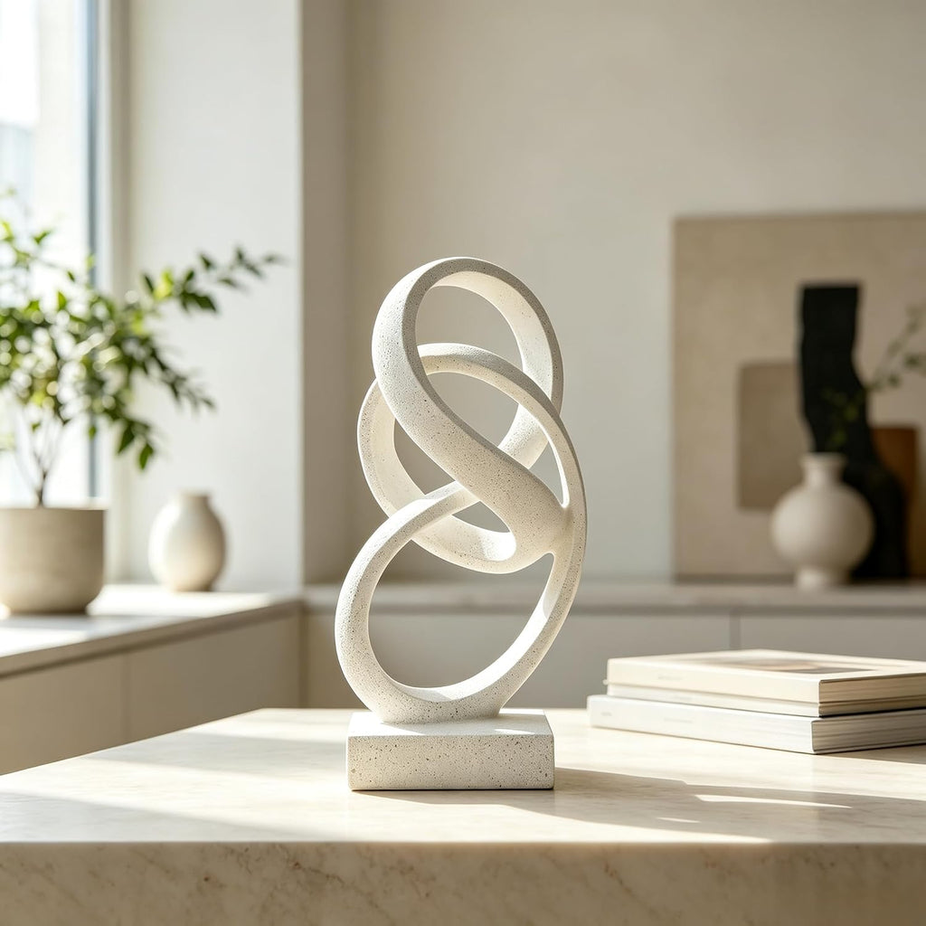 10" Modern Abstract Ribbon Decorative Sculpture, Knot Sculptures,Home Decor,Coffee Table Statues,Dining Living Room Desk Decor（White）