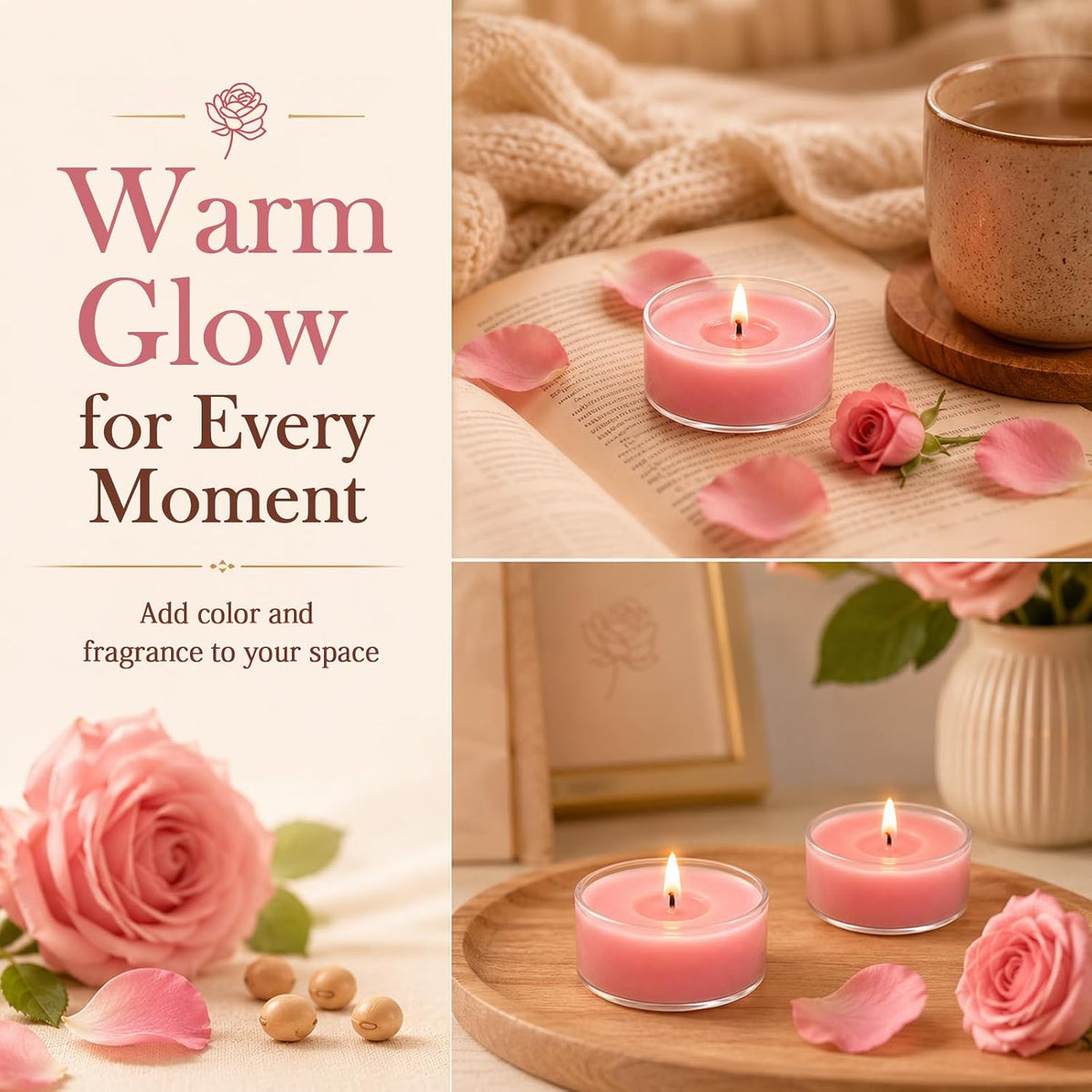Rose Scented Tea Light Candles 50 Pack Natural Soy Wax Tealight Candles