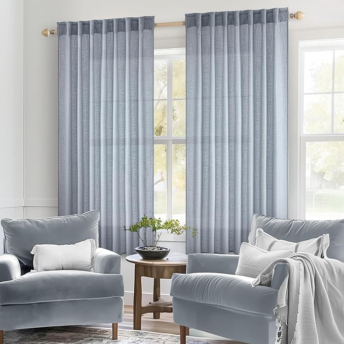 MIULEE Chambray Blue Linen Curtains 54 Inch Length 2 Panels - Image 2