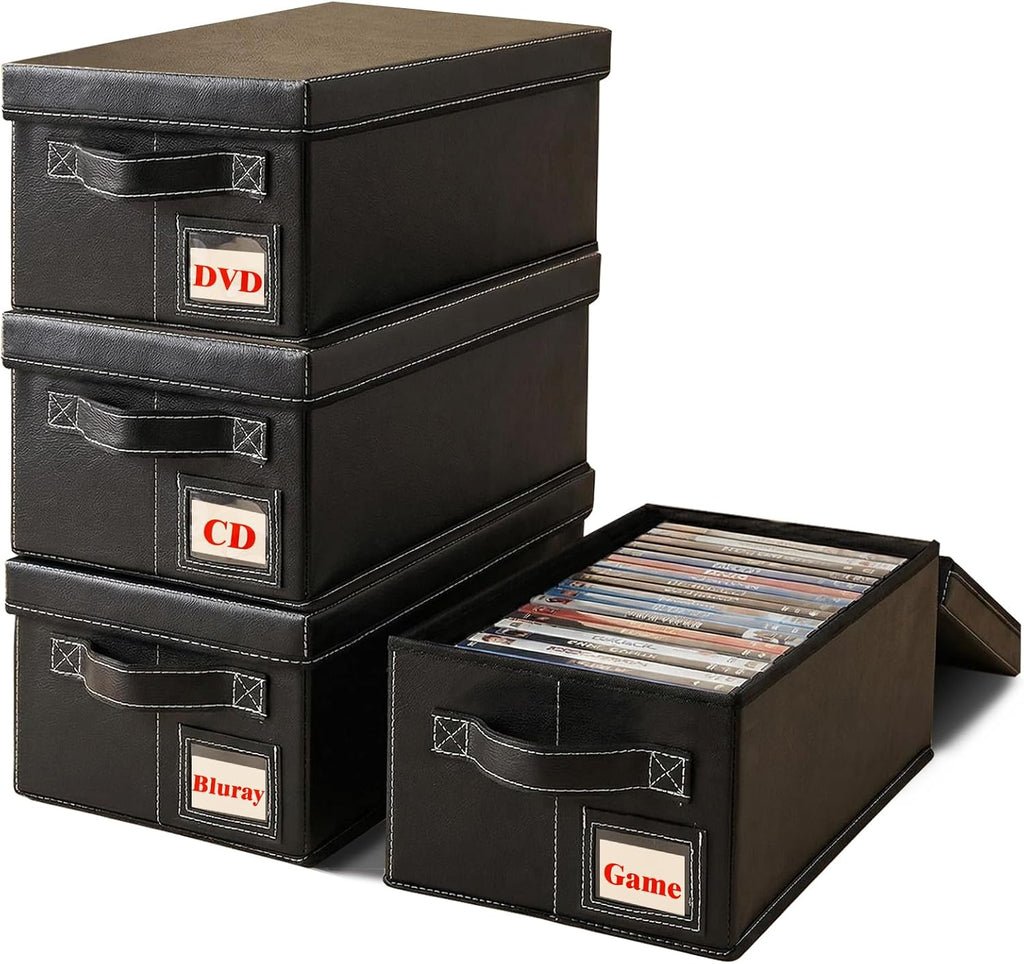 DVD Storage Boxes with Lid, 4 Pack Holds 104 DVD Cases Total, Stackable Leather Media Organizer for Blu ray, Video Game, CDs