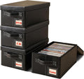DVD Storage Boxes with Lid, 4 Pack Holds 104 DVD Cases Total, Stackable Leather Media Organizer for Blu ray, Video Game, CDs