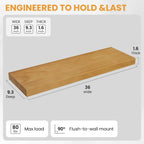 Floating Shelves for Wall, 36" x 9.3" Solid Pine Wood Wall Shelf, Wall Mounted Display Shelf with Invisible Heavy-Duty Metal Bracket, Home Decor for Bedroom, Kitchen, Living Room, Oak, 2 Pack