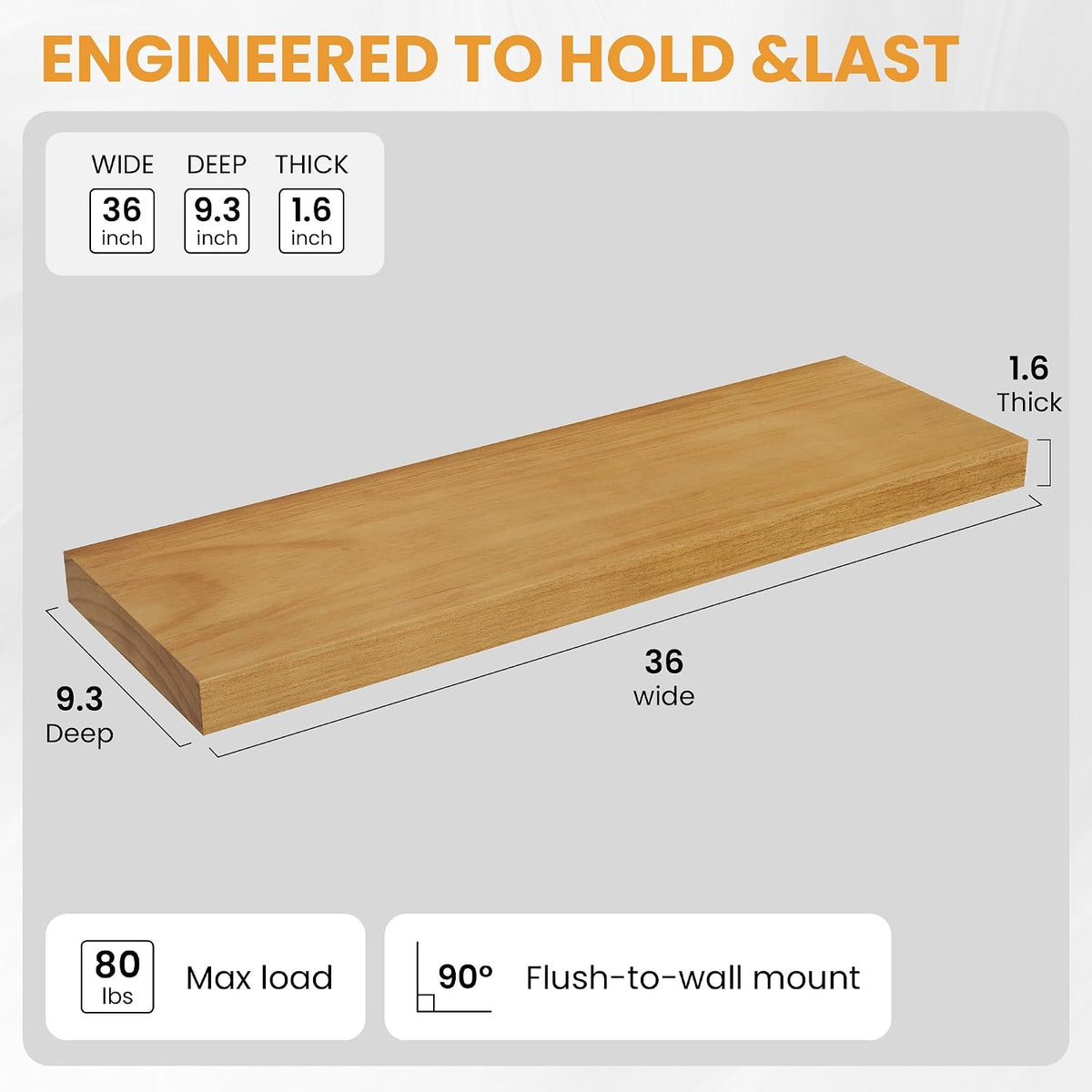 Floating Shelves for Wall, 36" x 9.3" Solid Pine Wood Wall Shelf, Wall Mounted Display Shelf with Invisible Heavy-Duty Metal Bracket, Home Decor for Bedroom, Kitchen, Living Room, Oak, 2 Pack