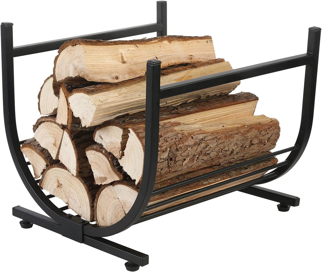 MyGift Modern Firewood Storage Rack with Brass Tone Metal U-Shape Frame, Compact Freestanding Fireplace Fire Starter Kindling Split Log Holder Elevated Wood Caddy