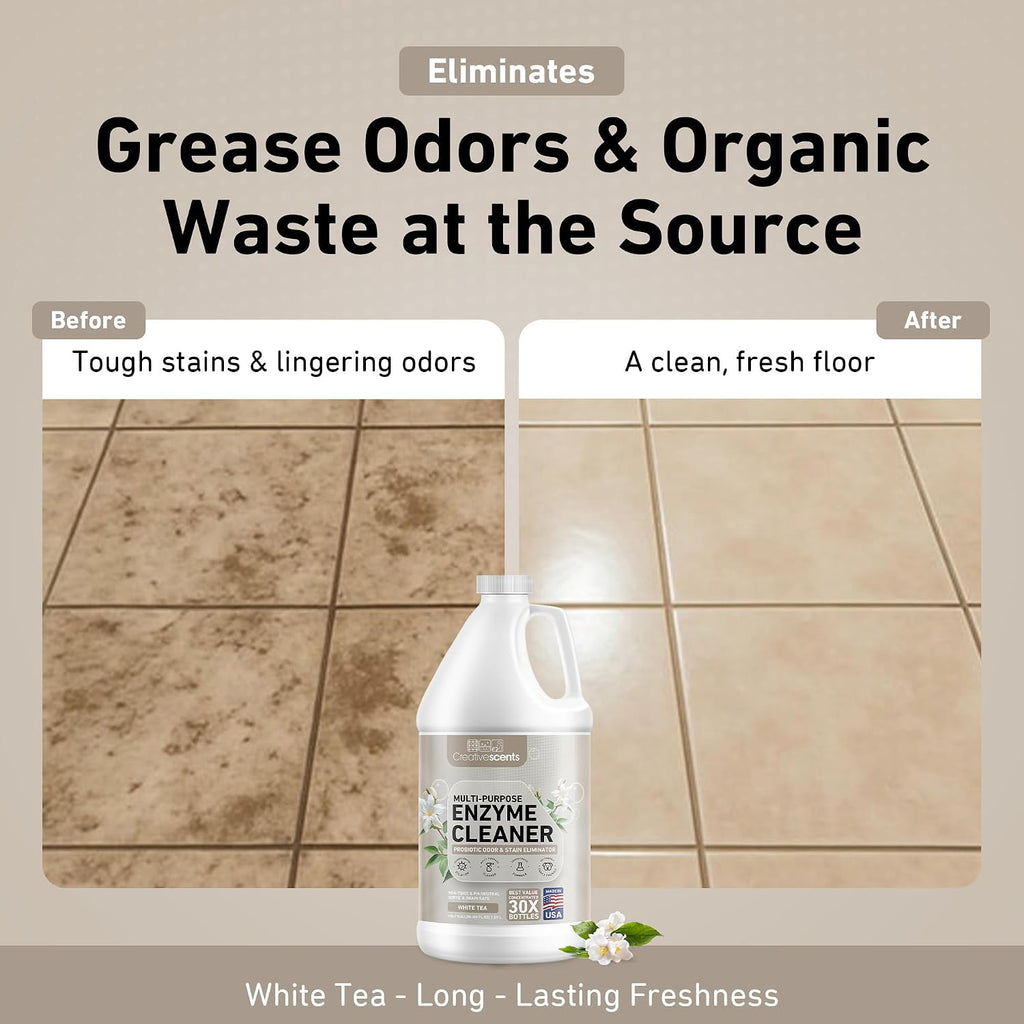 Creative Scents Multipurpose Enzyme Cleaner & Odor Remover | Deodorizer for Floor, Carpet, Drain, Pipes | Pet Urine Odor Eliminator | Enzyme Cleaner for Cat Urine & Dog Poop | Half Gallon - White Tea