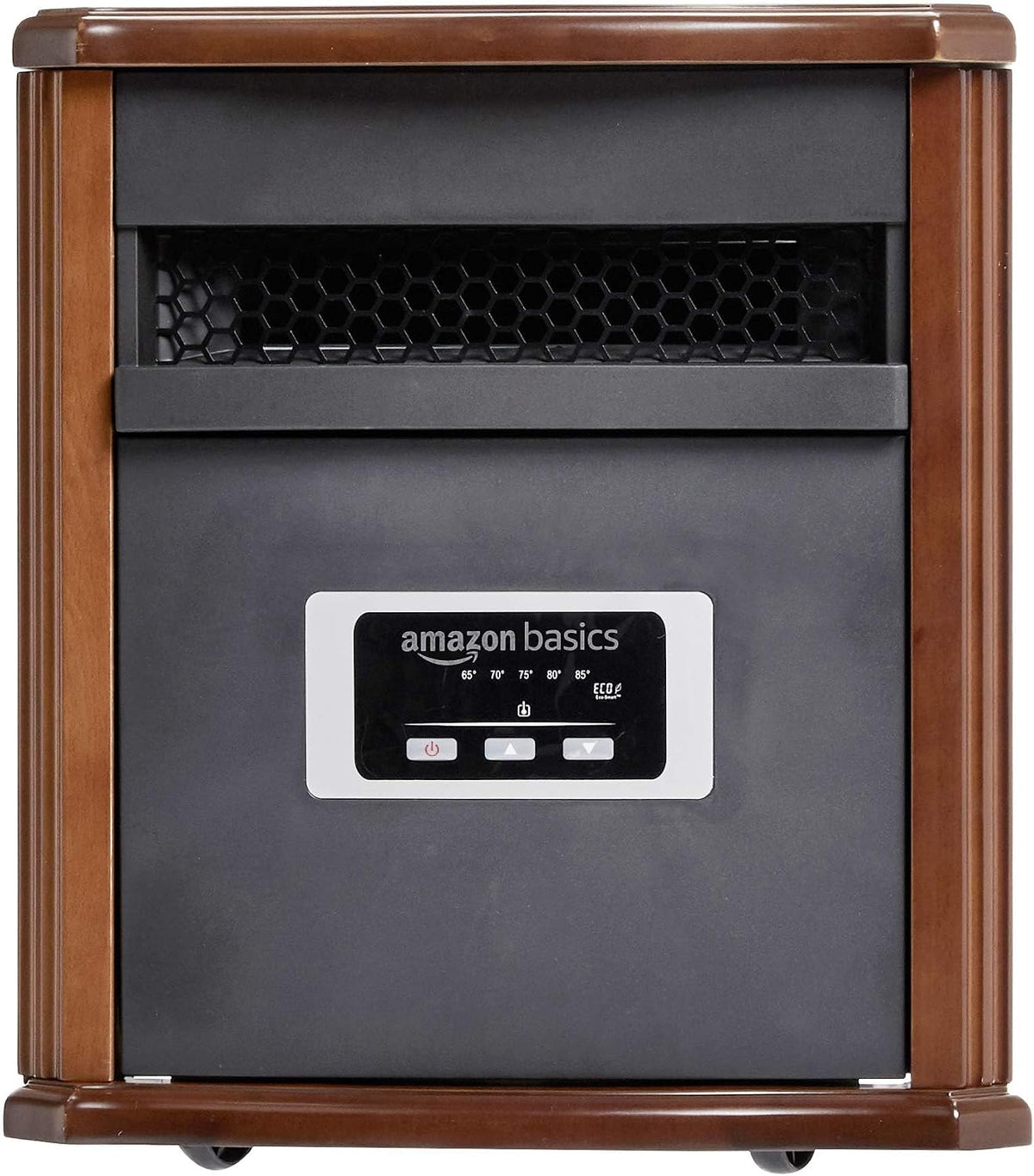 Amazon Basics Portable Space Heater with Remote Control, Adjustable Thermostat, Indoor Use, Energy-Saving Setting, LED Display, Classic Wood Casing, 1500W, 12"D x 13"W x 16"H, Brown