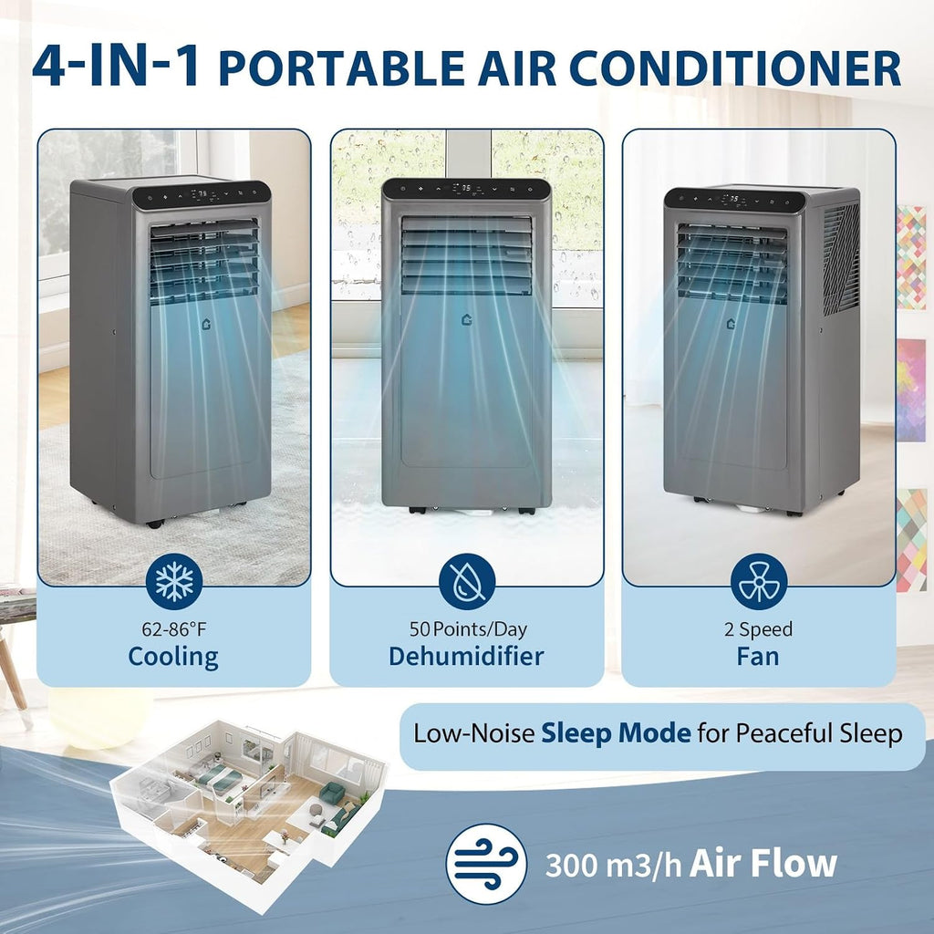 GAOMON 2025 New Deseign 8000 BTU Portable Air Conditioners Cool Up to 350 Sq.Ft,4 IN 1 Portable AC Unit w/Remote Control/LED Display/24Hrs Timer/Window Installation Kit & Low Noise for Home(Grey)
