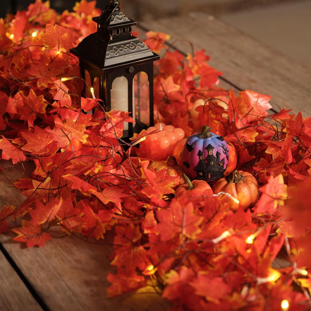 CQURE 12 Pack Fall Leaf Garland, Hanging Vines Garland Artificial Fall Maple Leaves Thanksgiving Decor for Home Wedding Fireplace Party