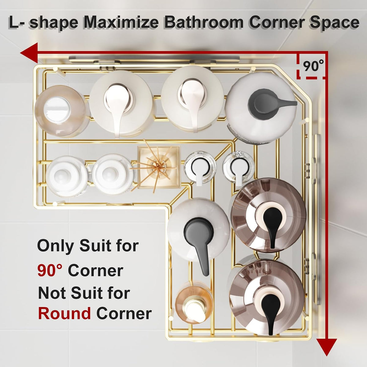 Corner Shower Caddy, 5 Pack Adhesive Stainless Steel Organizer, Gold