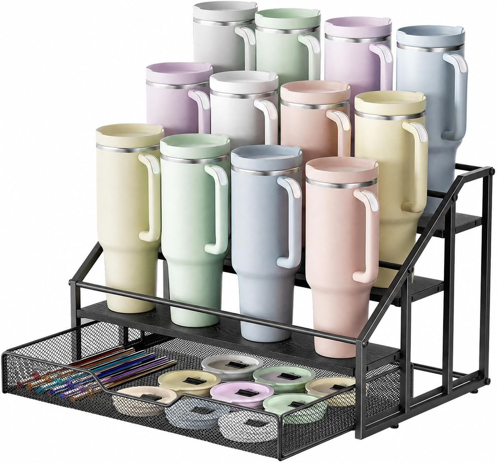 MOJOHAND 3-Tier Stanley Cup Rack with Basket for 8 Tumblers