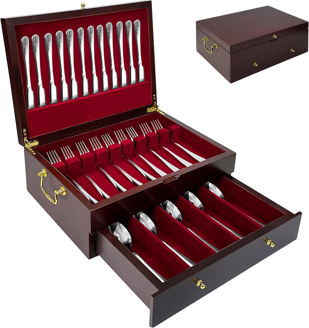 Silverware Storage Box Solid Wood with Lid, Silverware Organizer with Handle and Felt Lined, Silverware Storage Chest for Flatware and Utensils Home Decor Gift, Chest for Flatware Setting Up 15