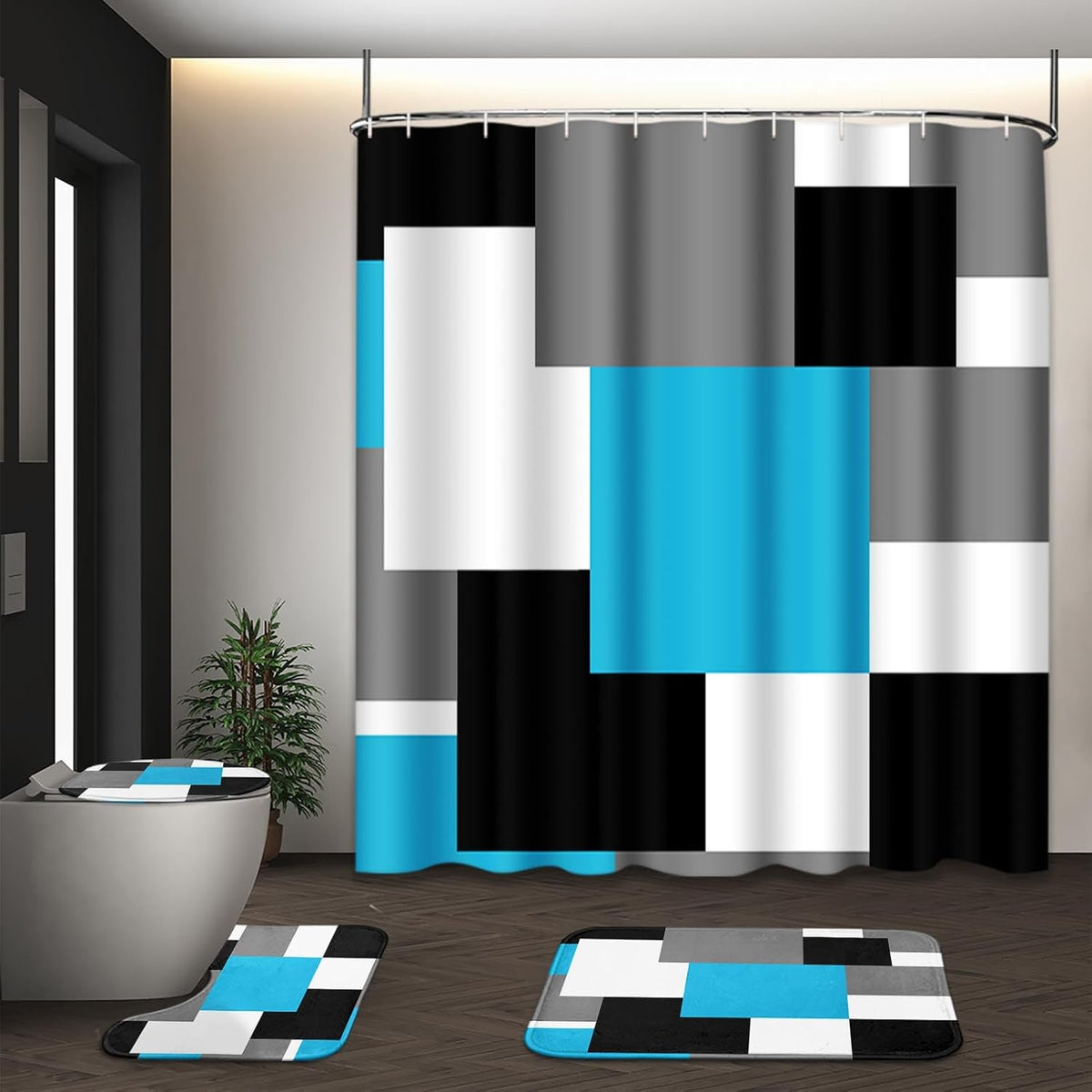 Bathroom Sets with Shower Curtain and Rugs, Set of 4 Blue Geometric