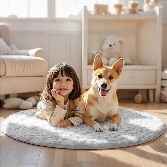 Ophanie White Round Rug 4Ft Circle Area Rug, Aesthetic Room Decor, Fluffy Fuzzy - Image 3