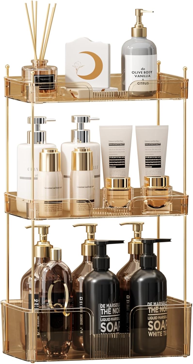 Akinbas 3 Tier Bathroom Organizer Countertop Makeup Perfume Tray Skincare Organizer for Bathroom Dresser Vanity (Gold)
