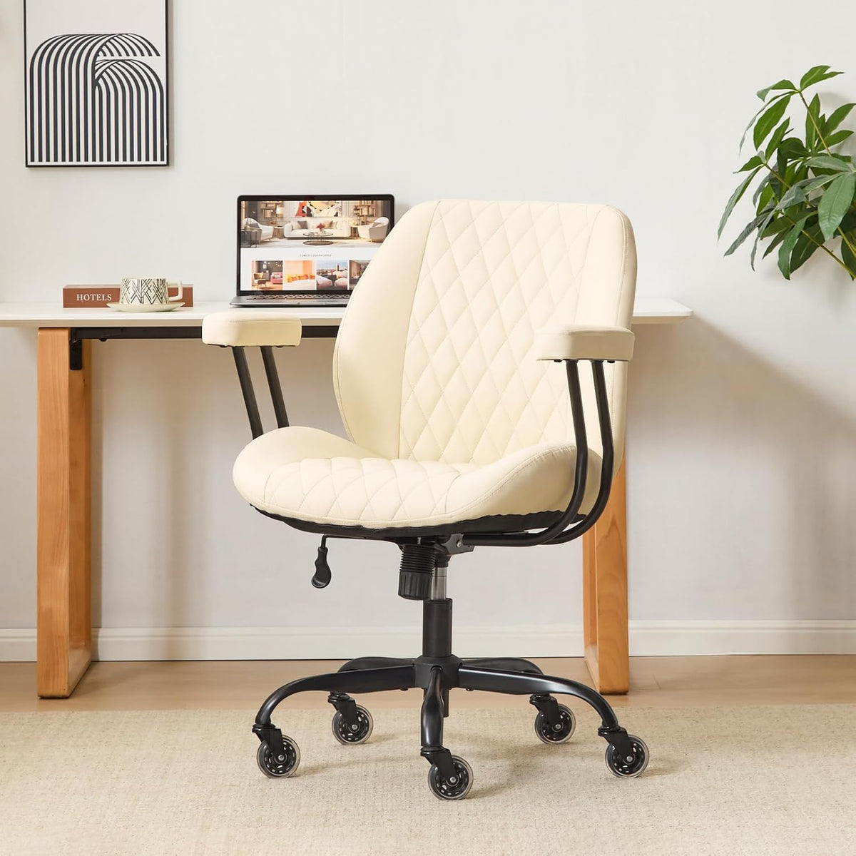 YFO Home Office Desk Chair Office Rubber Casters Ergonomic Computer Chair with Lumbar Support Adjustable Height Rolling Swivel Executive Task Armrests Chair， Cream Leather