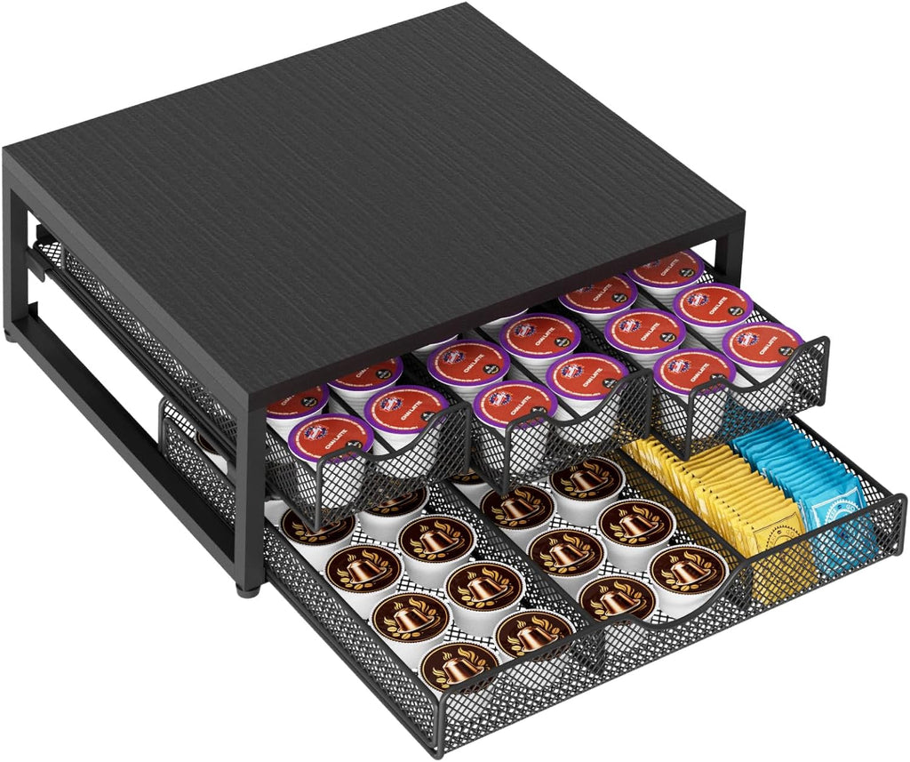 Coffee Pod Holder For Counter, 3 Pull-Out 72 K Cup Holder Drawer, Wooden Cafe Pods Storage Organizer with Sliding Drawers for Coffee Station, Home, Kitchen, Office, Dorm (Black)