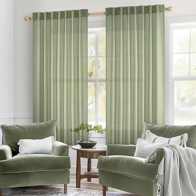 MIULEE Sage Green Linen Curtains 54 Inch Length 2 Panels - Image 2