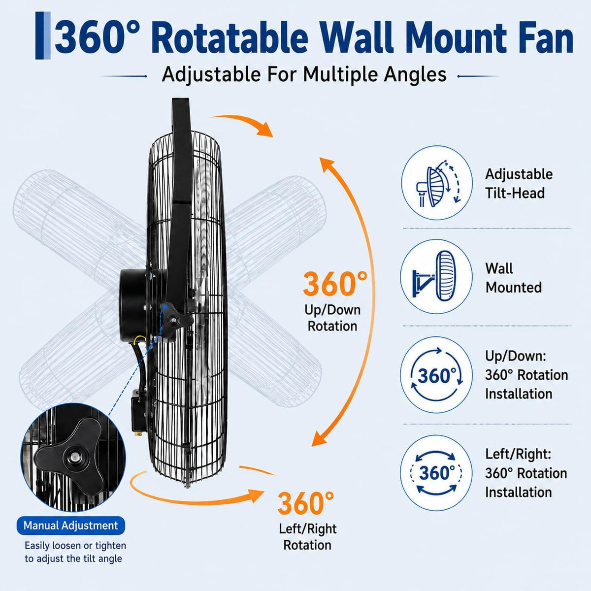 18 Inch Wall Mount Fan, 3 Speeds Wall Mounted Hanging Fan