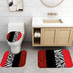 4PCS Leopard Print Shower Curtain Set with Rug, Toilet Lid Cover and Bath Mat,Red Black Splice Shower Curtain with 12 Hooks, Complete Bathroom Accessories Decor Set