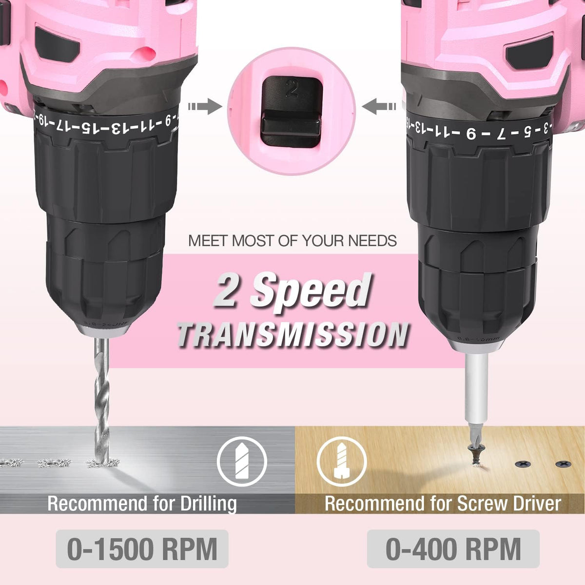 WORKPRO 20V Cordless Drill Driver Set, Pink, 3/8" Keyless Chuck