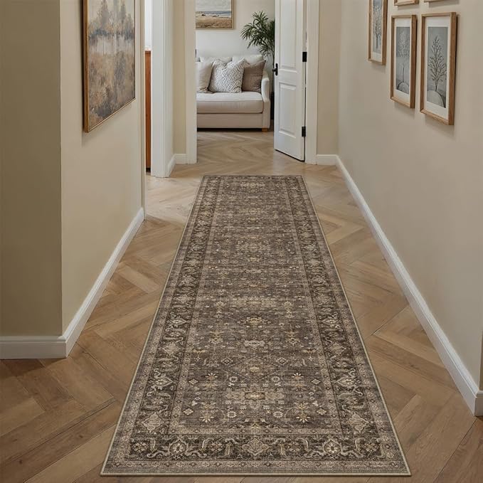 2x10 Washable Runner Rug for Hallway Kitchen Vintage Brown Non Slip Low Pile - Image 5
