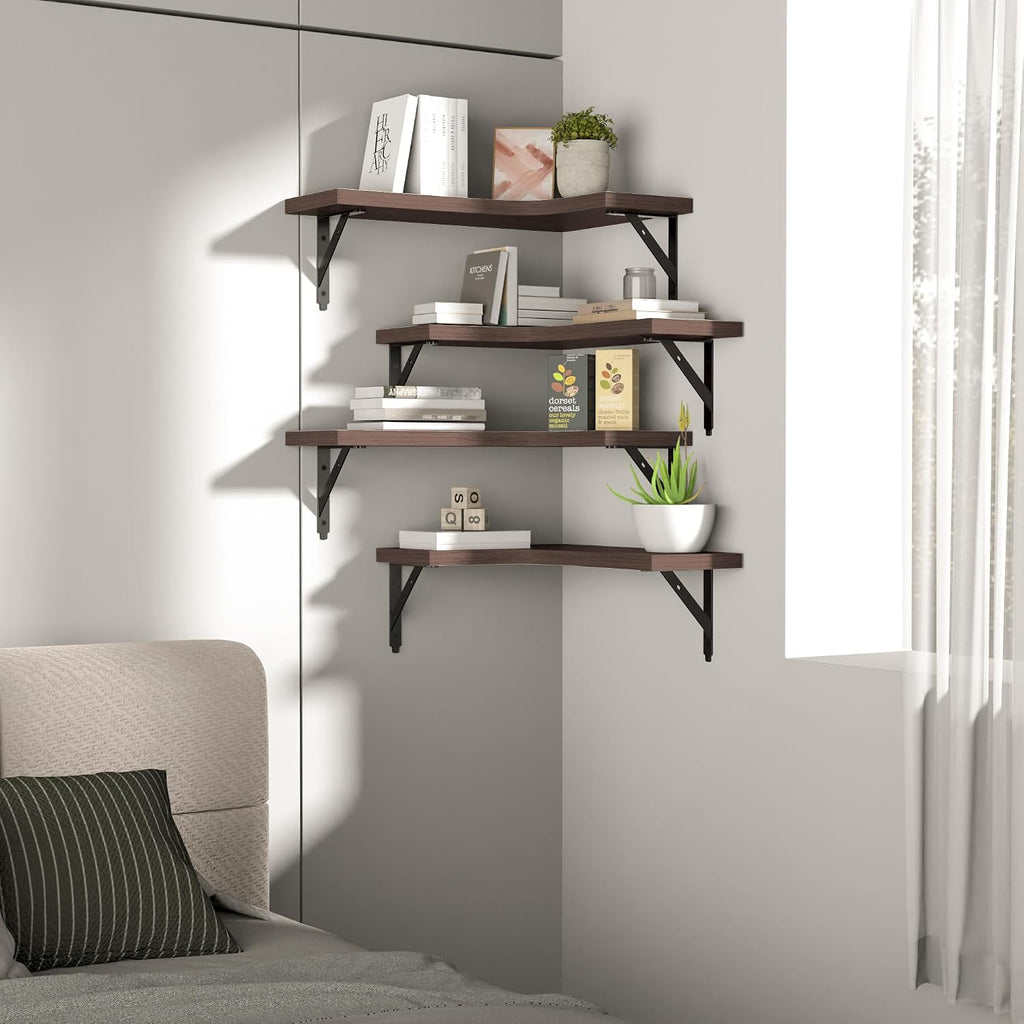 ROMGUAR CRAFT Corner Floating Shelves Wall Mounted Set of 4, Brown