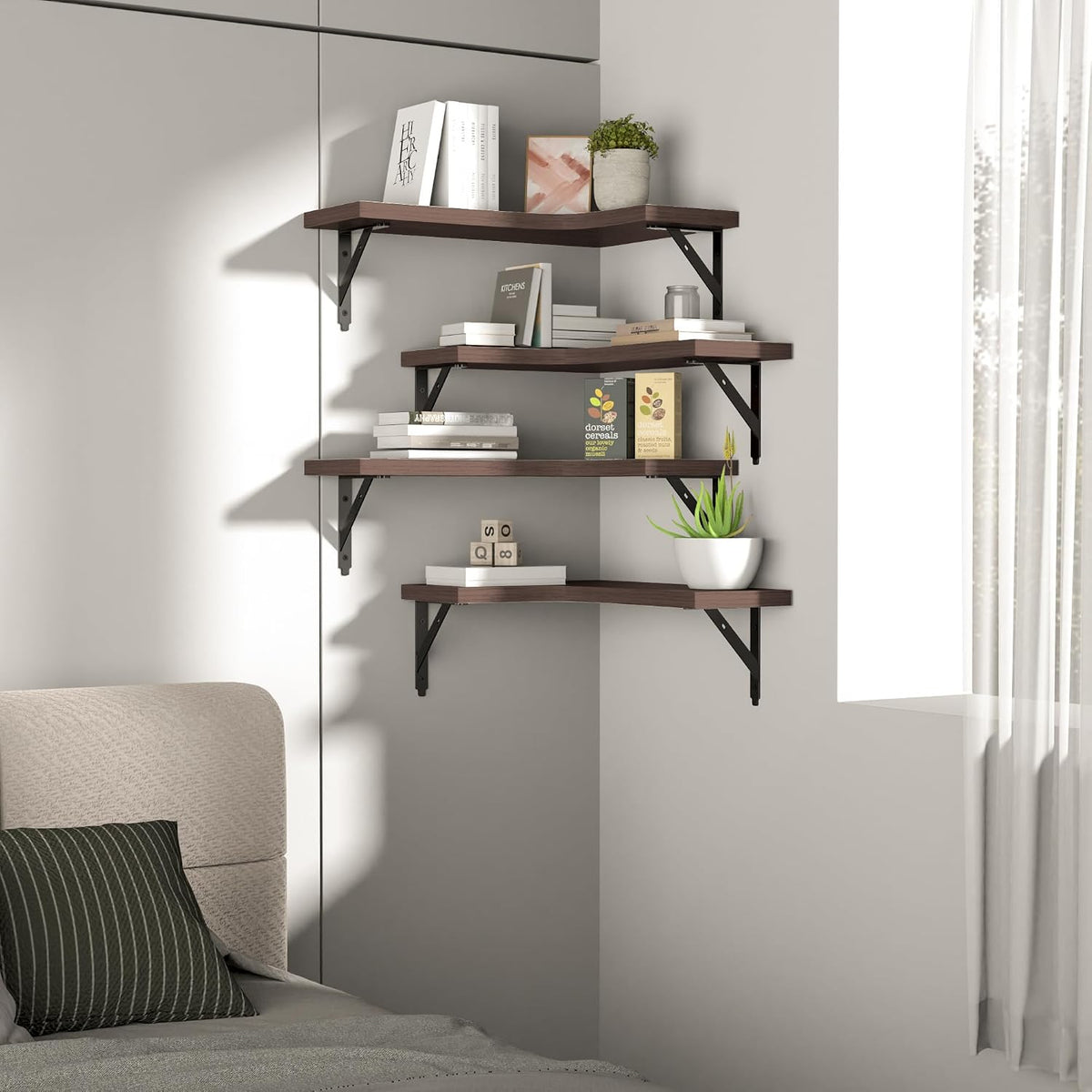 ROMGUAR CRAFT Corner Floating Shelves Wall Mounted Set of 4, Brown
