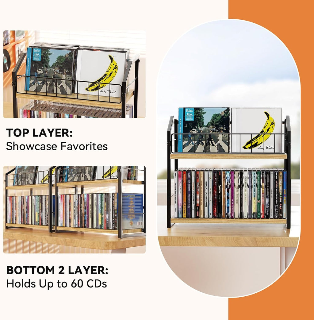 CD Storage, 2 Tier CD holder & Display, 60 Capacity-Natural Wood 2 Pack