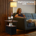 PESRAE Floor Lamp with Table & 2 Drawers, End Table with Lamp, Natural Wood