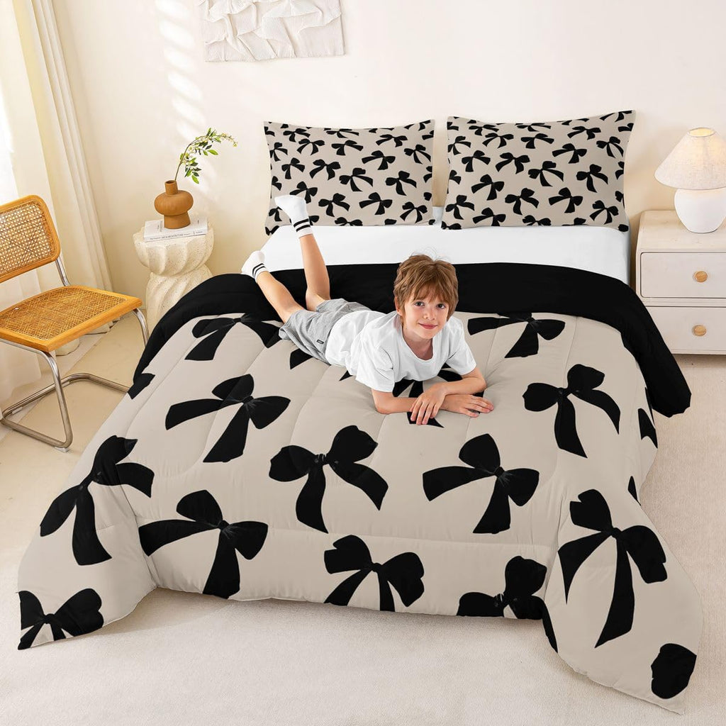 Feelyou Bow Comforter Set Toddler Size Elegant Bedding Set for Kids Boys Girls Kawaii Bow Duvet Quilt Black Bedroom Decor 2 Pcs with 1 Pillow Cases