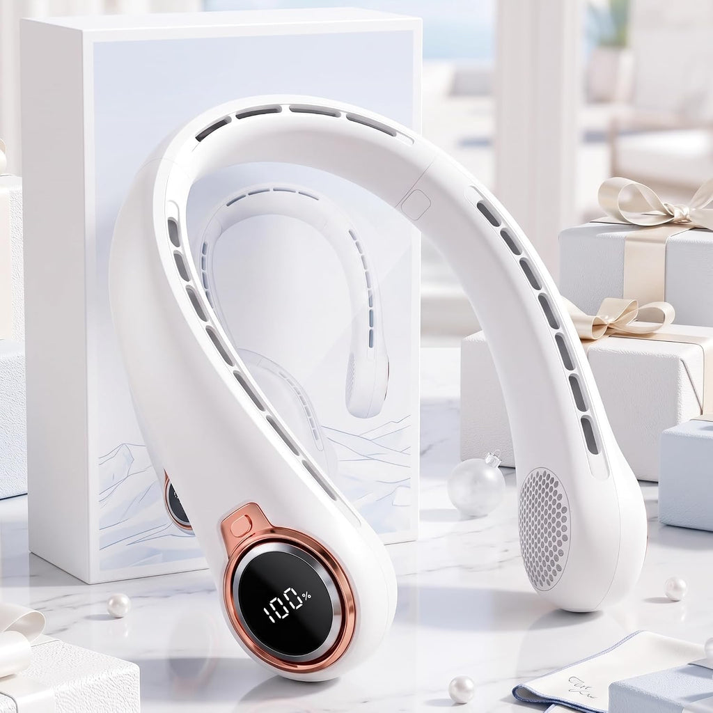 BNBZ Portable Neck Fan, 6000mAh Rechargeable Fan Blows Cold Air with LED Display, 4 Speeds, 20H Runtime, Quiet Wearable 360° Personal Cooling Fan for Outdoor Travel Work Gym,Fireplace Fans-White