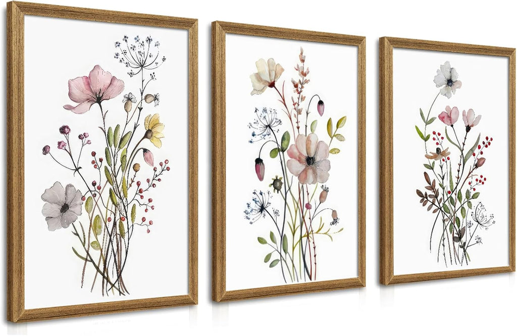 WRFON Framed Sage Green Botanical Wall Art Set of 3, Watercolor Eucalyptus & Wild Plant Canvas Prints, Minimalist Green Wall Decor for Living Room Bedroom Bathroom, 12x16 Inches