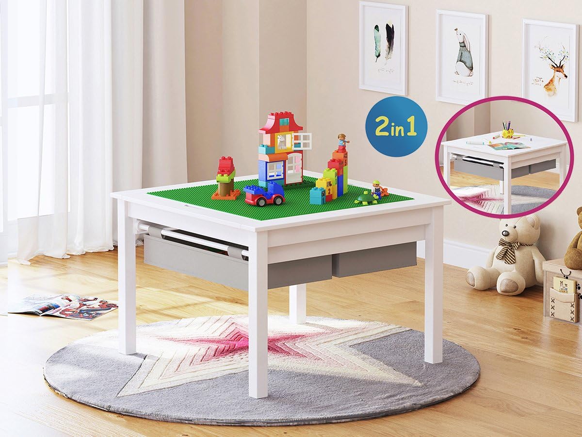 UTEX 2 in 1 Kids Construction Play Table with Drawers Compatible with Lego