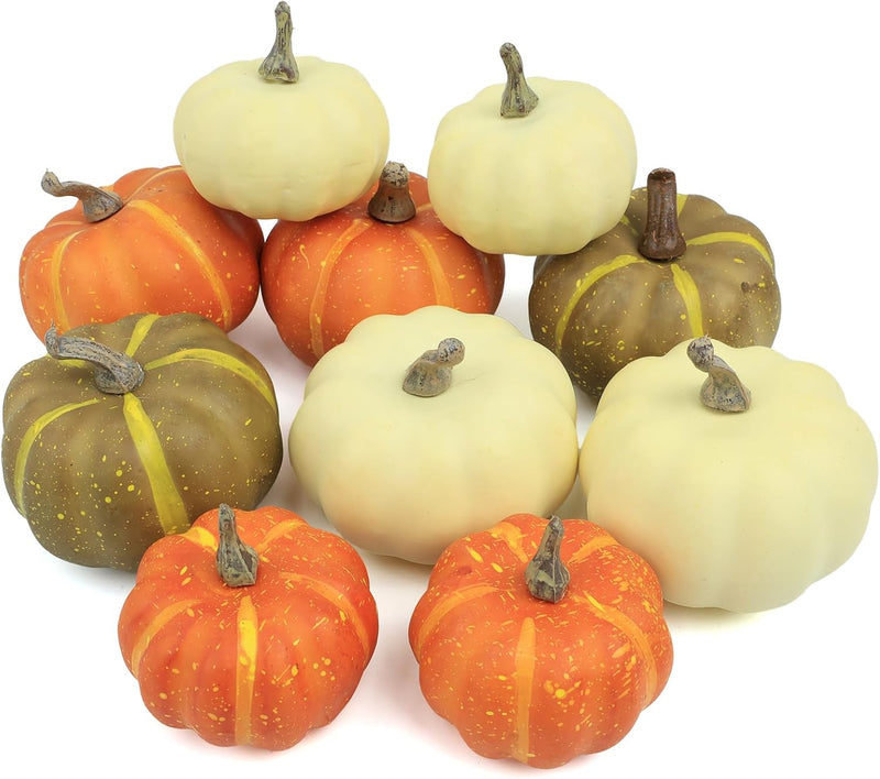 10Pcs Fake Pumpkins Fall Thanksgiving Decorations,Assorted Colors Plastic Pumpkins Home Decor, Artificial Mini Pumpkin for Decorating Autumn Harvest Outdoor Indoor Decor Centerpiece Table Decorations