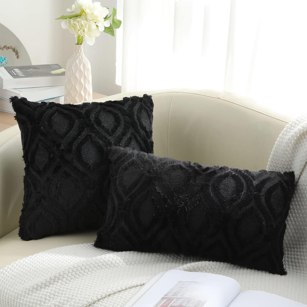 decorUhome Faux Fur Plush Soft Black Throw Pillow Covers 12x20 Set of 2