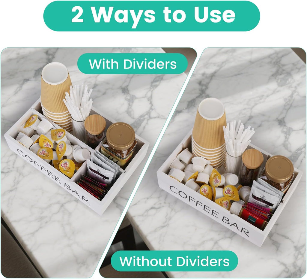 Coffee Bar Organizer – Wooden Coffee Station with 4 Compartments, Removable Dividers, and Condiment Storage for Home & Office