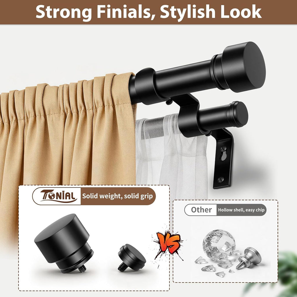 TONIAL Black Double Curtain Rods for Windows, 72-150 Inch, Simple Finials