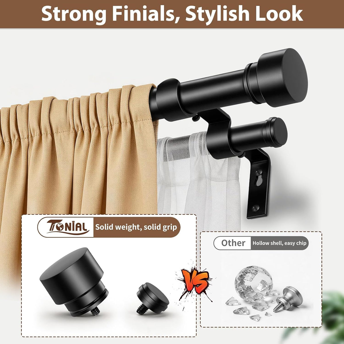 TONIAL Black Double Curtain Rods for Windows, 72-150 Inch, Simple Finials