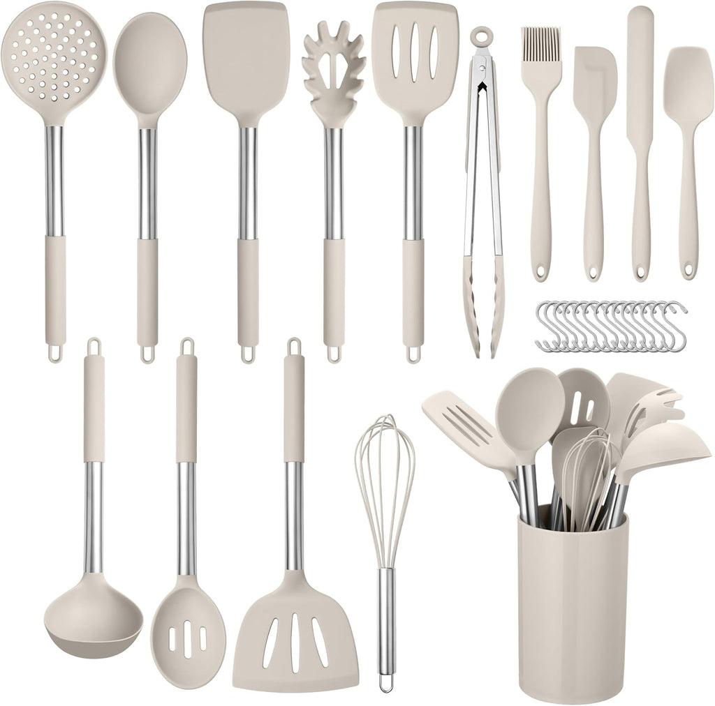 HaWare 29 PCS Silicone Cooking Utensils Set, Heat Resistant Kitchen Utensils Set with Stainless Steel Handle, Spatula Sets with Holder and Hooks, Kitchen Tools Gadgets for Nonstick Cookware -White