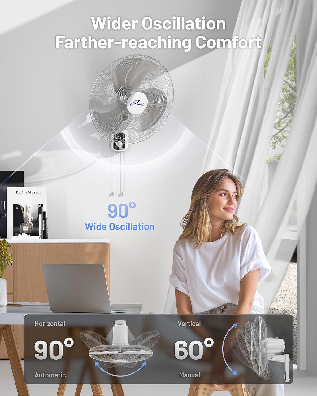 iLiving Glow Oscillating Wall Mount Fan with Adjustable Tilt, 18-inch, 3 Speed, Metal Grille and Blade, 90 Degree Oscillation, Airflow 1650CFM, Ideal for Home, Bedroom, Gym & Office, Greenhouse