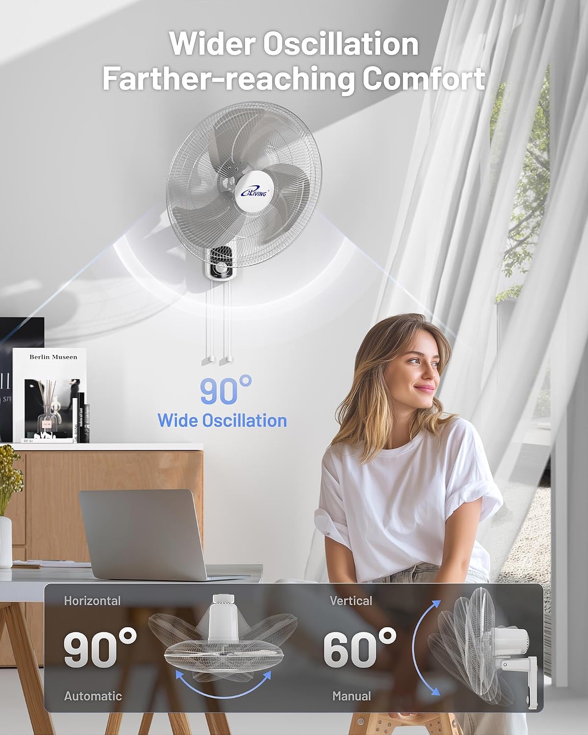 iLiving Glow Oscillating Wall Mount Fan with Adjustable Tilt, 18-inch, 3 Speed, Metal Grille and Blade, 90 Degree Oscillation, Airflow 1650CFM, Ideal for Home, Bedroom, Gym & Office, Greenhouse