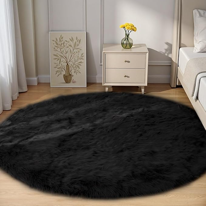 Goolela Black Round Rug 5ft Fluffy Fuzzy Sheepskin Carpet by Goolela