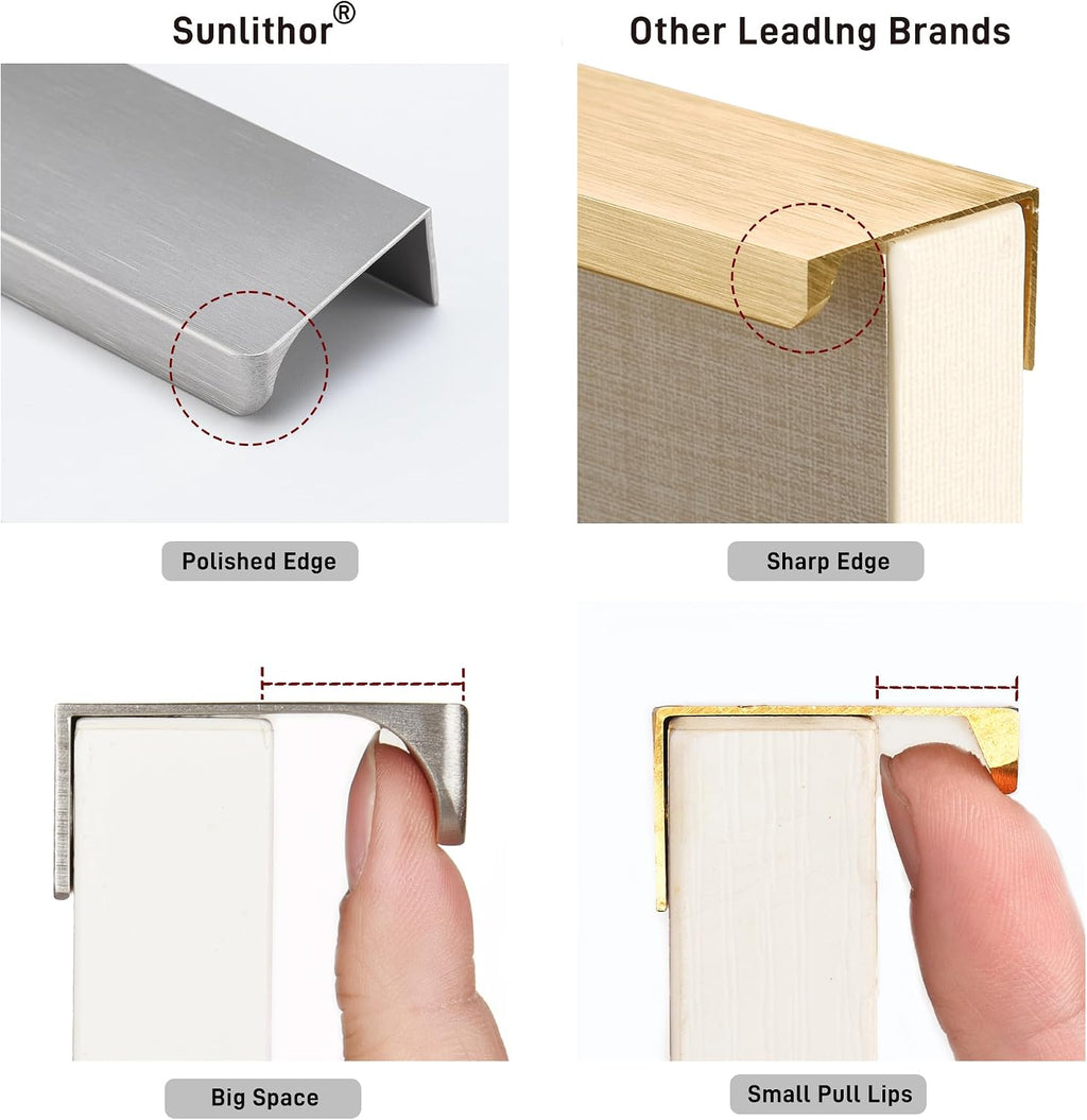 Finger Pull for Cabinets Kitchen Drawer knobs Low Profile Door Dresser Bathroom Long Cupboard Cabinet Pulls Handles Aluminum 6 Pack Brushed Nickel 7.87" Easy Installation
