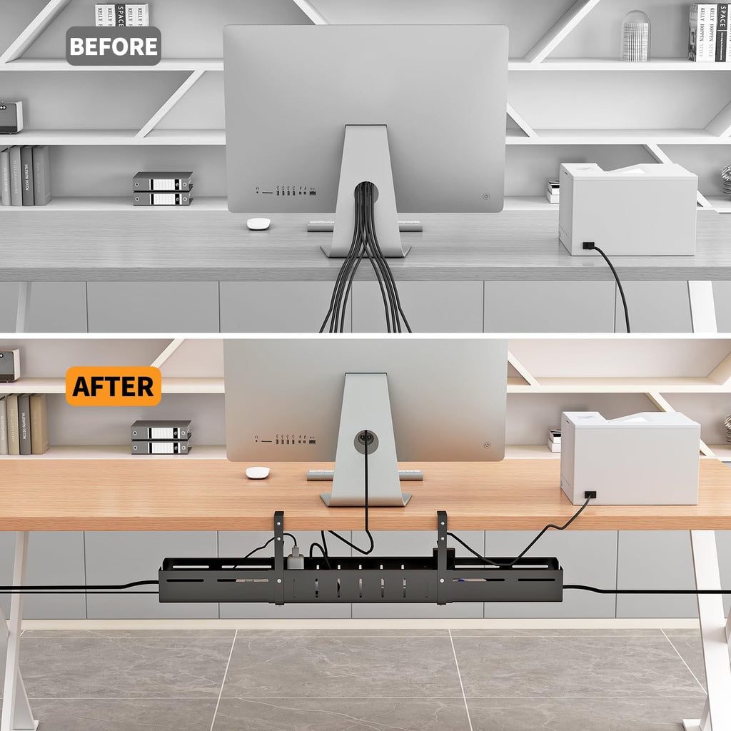 Under Desk Cable Management Tray, Expandable Length 25.2"-38.6",No Drill No Damage to Desk,Cable Tray with Clamp for with Wire Management,for Cord Organizer for Home Office Standing Desk, Black