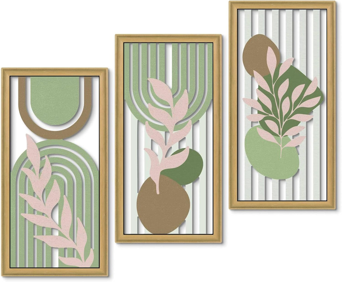 Putuo Decor Boho Abstract Wall Art, Set of 3, Modern Botanical Wooden Wall Decor, Blue Mid-Century Minimalist Framed Artwork for Living Room Bedroom, Office
