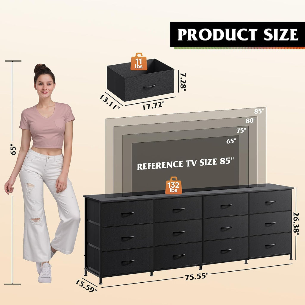 WLIVE Long Dresser TV Stand for 85 Inch TV, 12 Drawer Dresser, Black