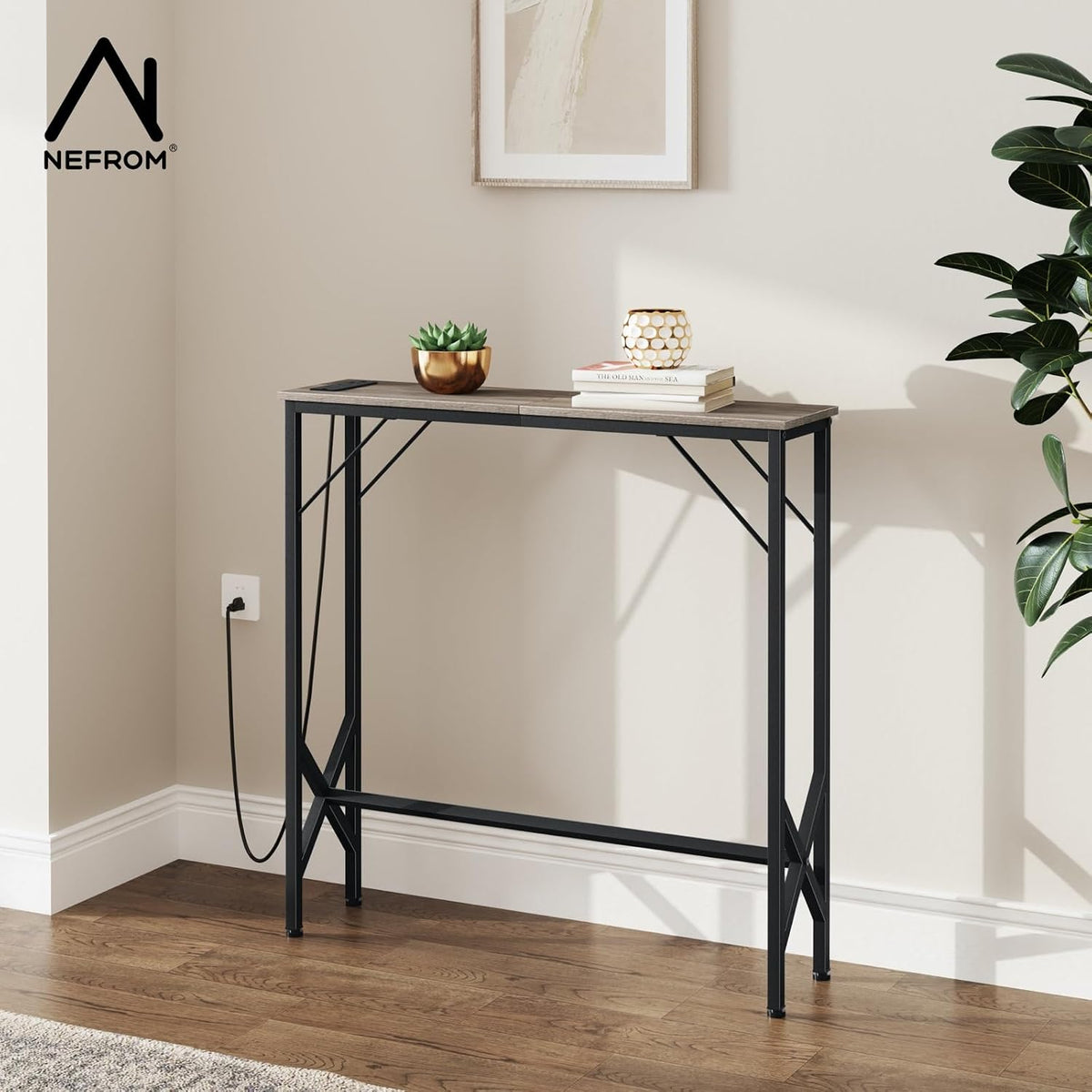 31.5‘’ Console Table, Skinny Entryway Table with Fast-Charging Station, Narrow Long Sofa Table, Behind Slim Couch Table for Entrance, Hallway, Living Room Decor ST-GY80-1