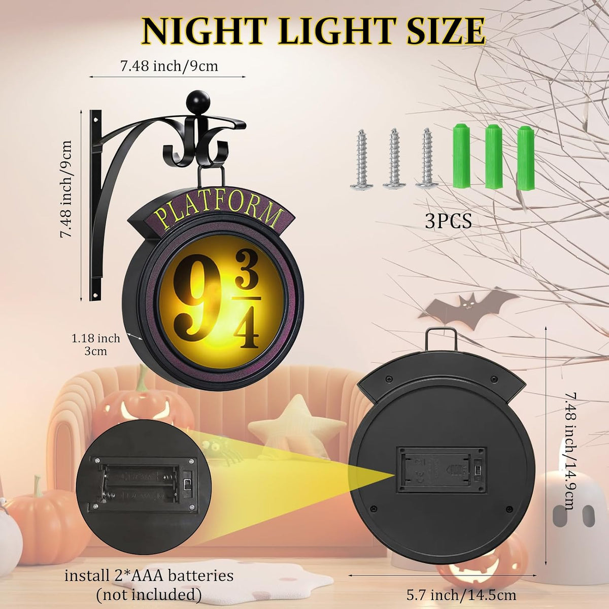 Vintage Hanging 9 3/4 Night Light, Platform 9 3/4 Sign Wall Light, Home Decor 9 ¾ Sign Lights Led Lamp Decoration, Halloween Christmas Gift for Movie Lovers and Fans