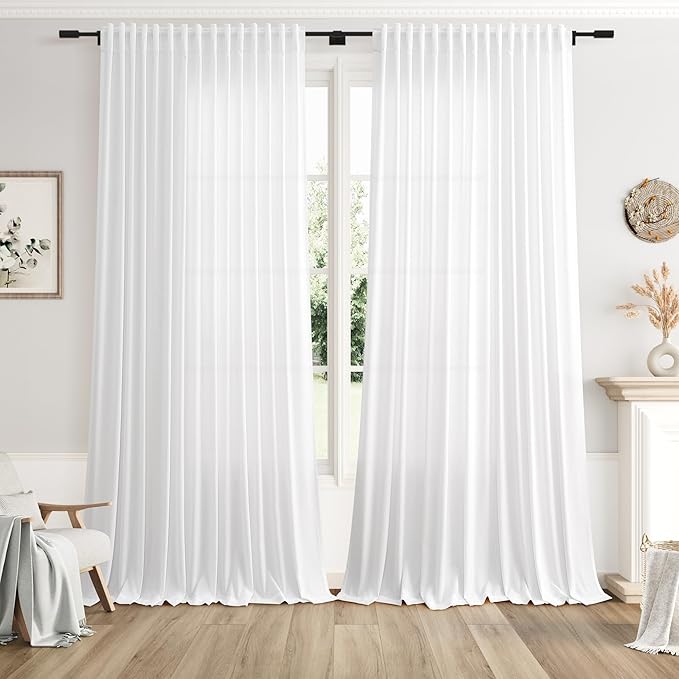White Large Window Curtains Light Filtering Semi Sheer Privacy Linen Textured by Nanspring