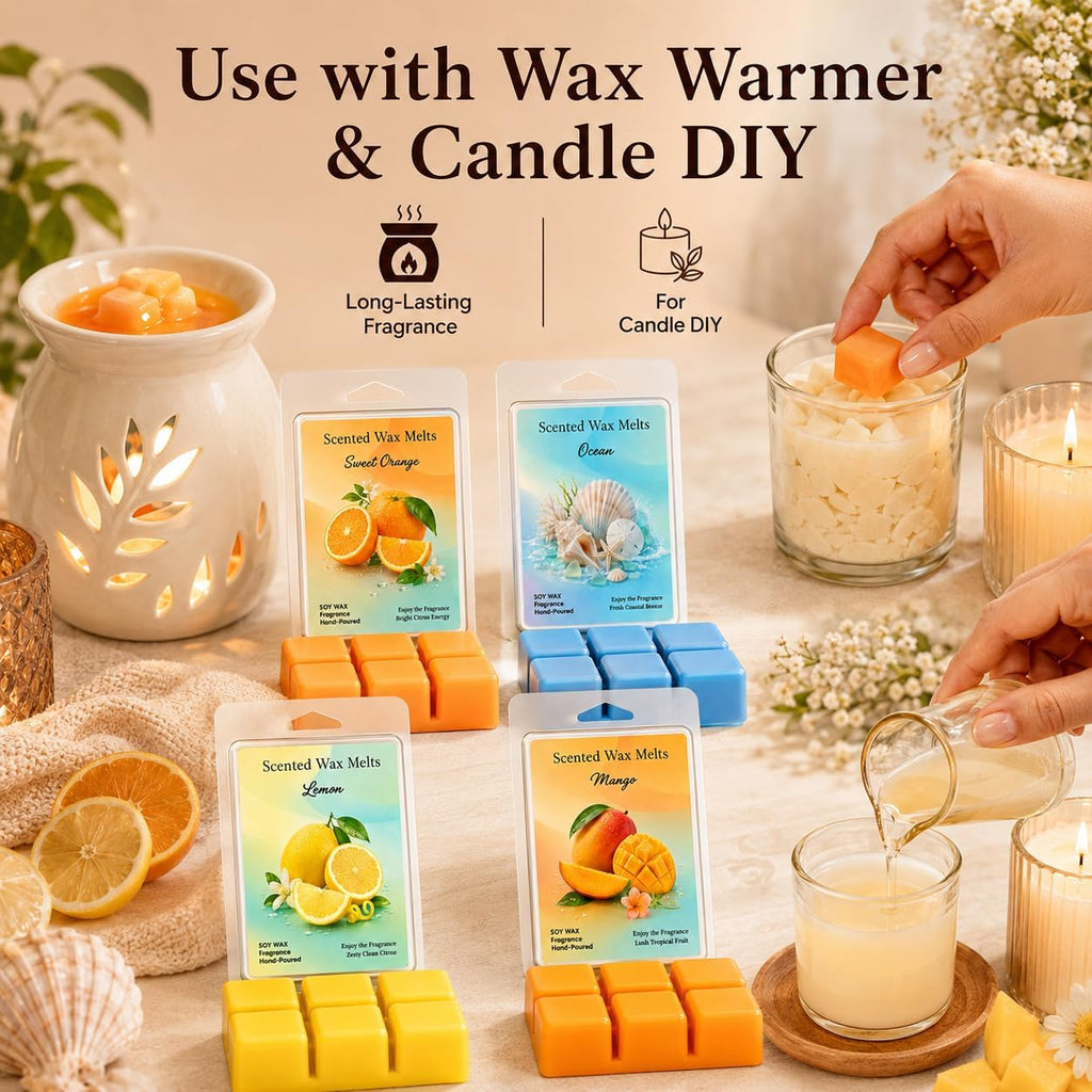 Wax Melt 4 Pack 2.5 Oz Each Wax Melts 10 Oz Total Scented Wax Melt Wax Cubes for Warmer Strong Scent Wax Melt Home Fragrance Candle Melts Wax Warmer Cubes Lemon, Sweet Orange, Ocean, Mango